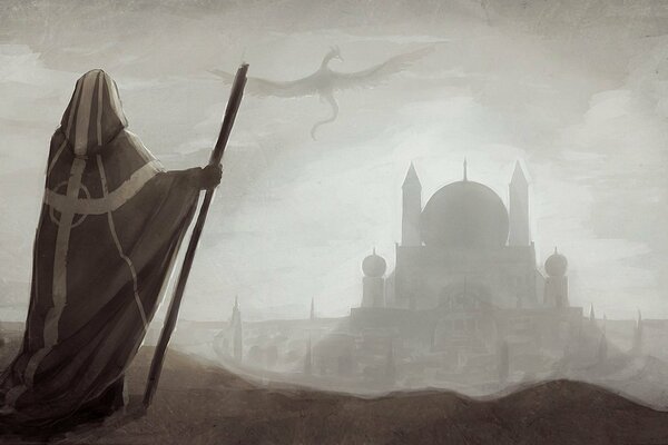 The magician looks at the mosque and the dragon