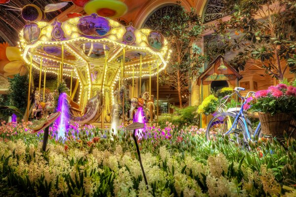 Manège de Las Vegas avec tulipes et jacinthes