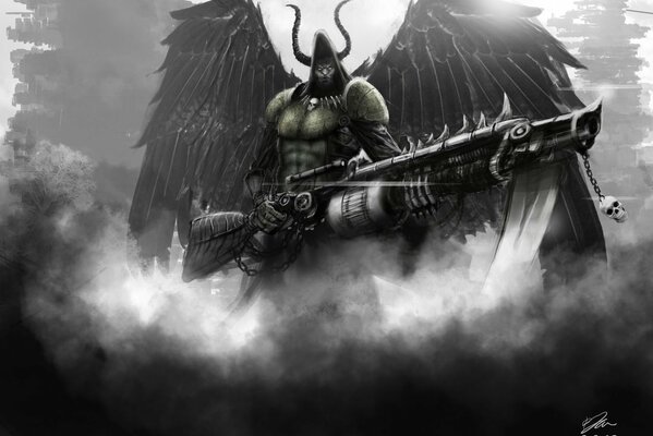 Demonio blanco y negro con alas y armas