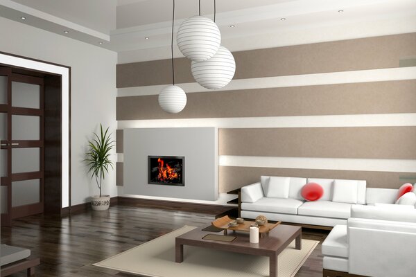 Living room with fireplace and white furniture style and comfort