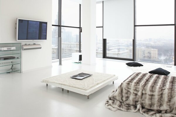 The interior of the room in white tones