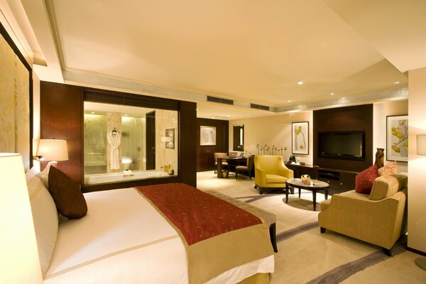 Luxury hotel room in bright colors