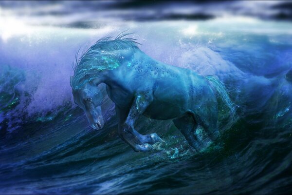 Cheval chatoyant dans les vagues de l océan