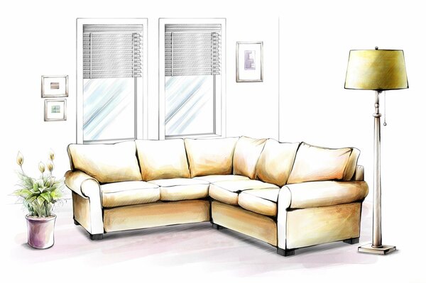 Drawing of a room with a corner sofa and a floor lamp