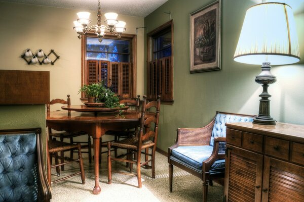 A room with dark wooden furniture