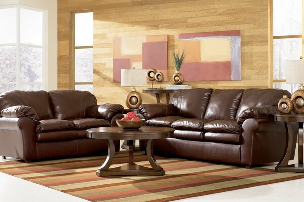 Brown leather furniture, living room in brown tones