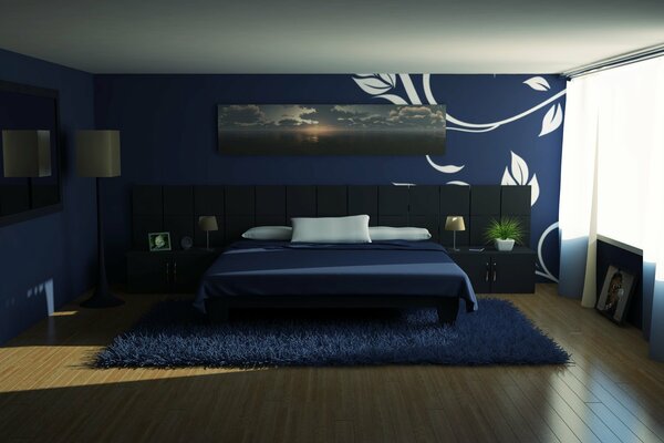 Blue bedroom in a minimalist style