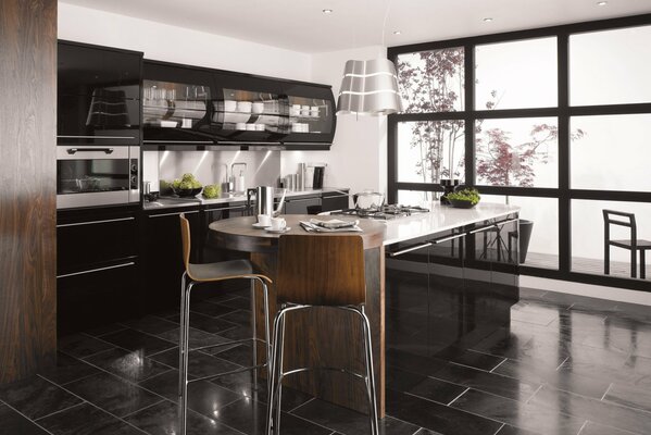 Glossy black kitchen. black interior