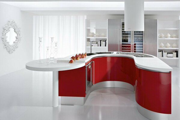 White and red kitchen interior with pears