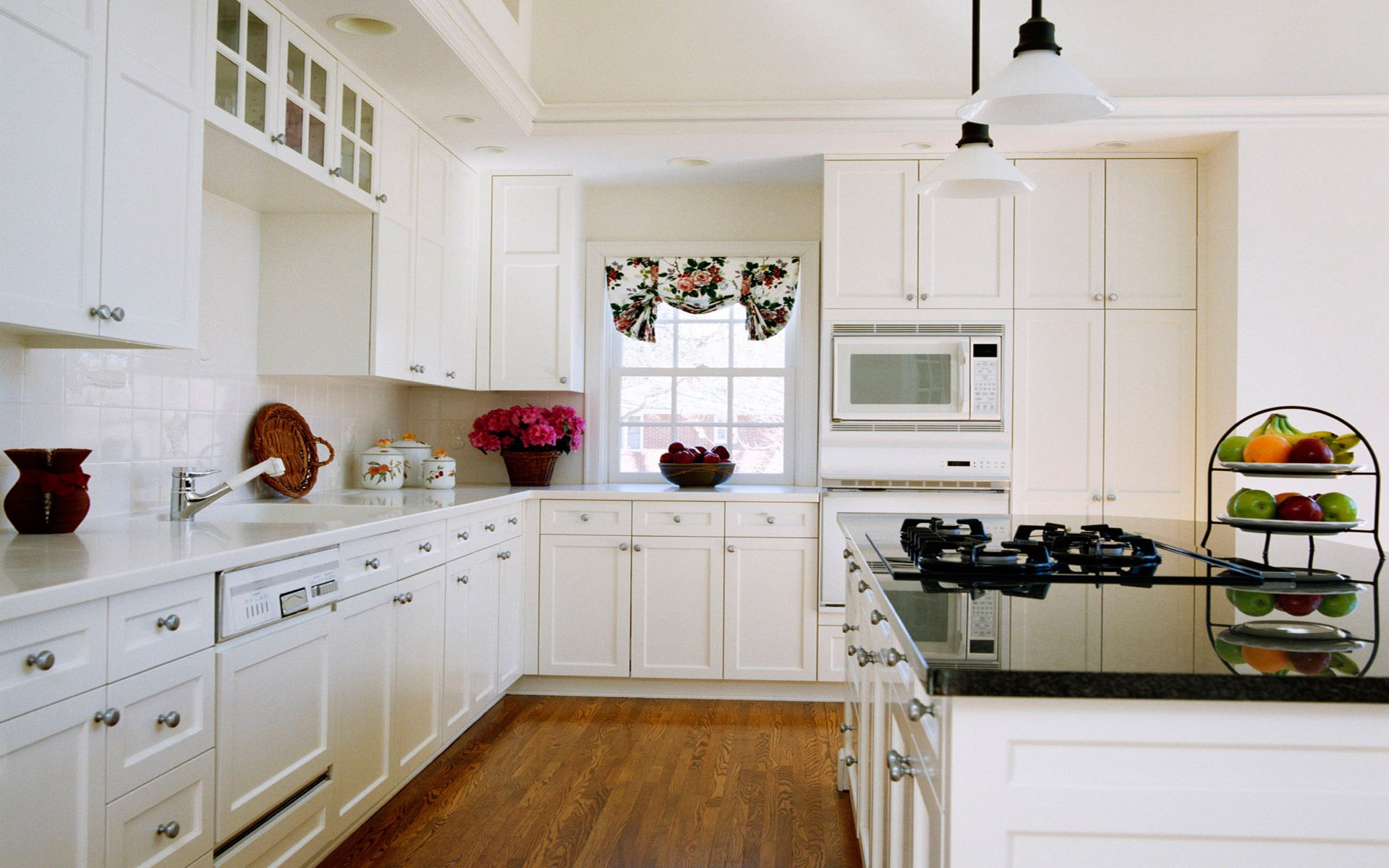 interior room apartment design style kitchen vase flower plants fruits orange banana table white