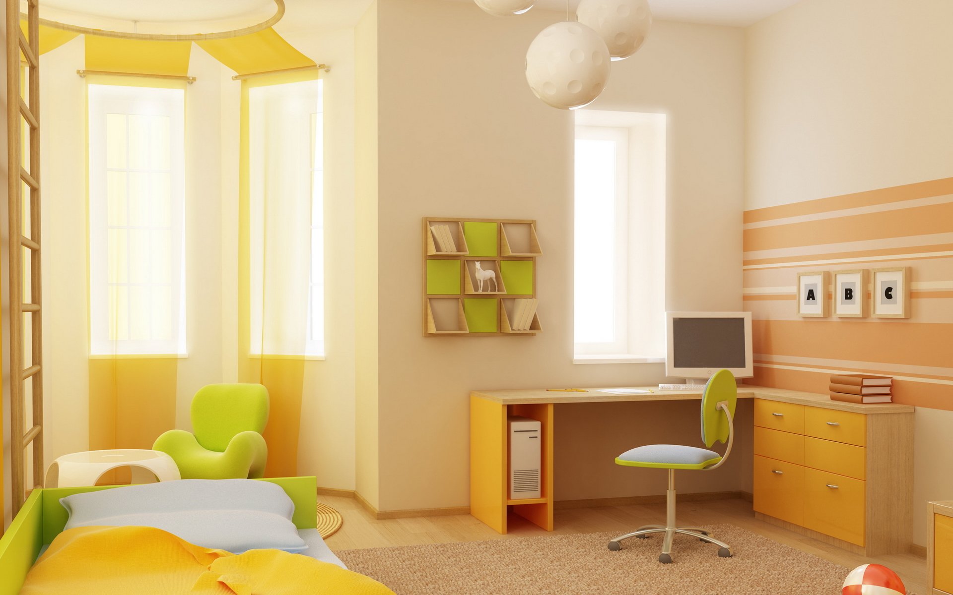 intérieur style conception chambre appartement enfants vert lit chaise table livres balle fenêtre ordinateur étagères fond