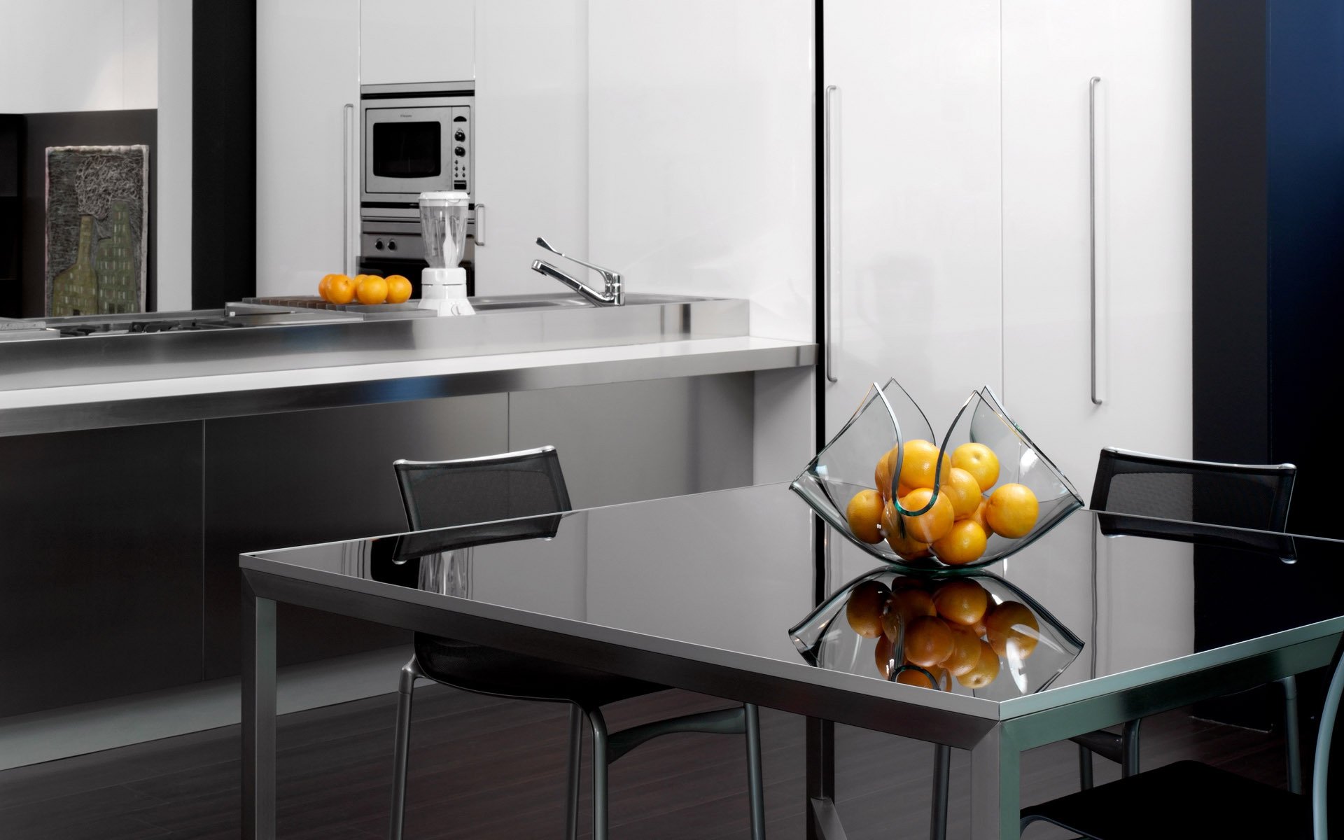 interior habitación apartamento diseño estilo frutas naranjas cocina gris