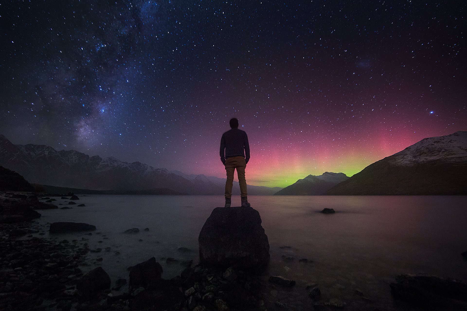 via lattea nuova zelanda uomo riflessioni pietre montagne paesaggio stelle