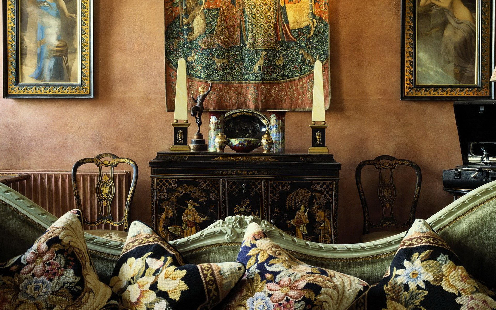 interior old antiques tapestry sofa