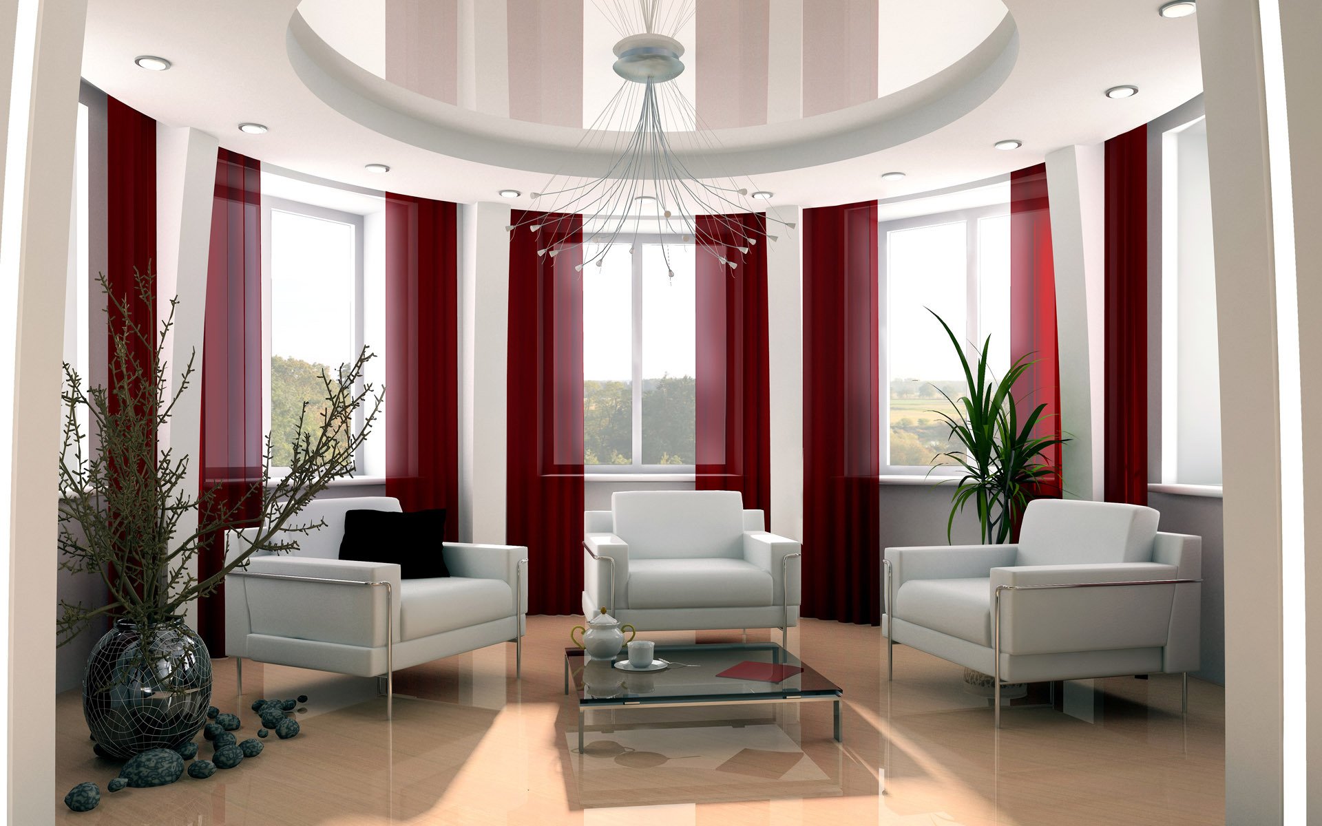 interieur design wohnzimmer helles zimmer weiße stühle glastisch vase steine pflanze fenster kronleuchter rote vorhänge