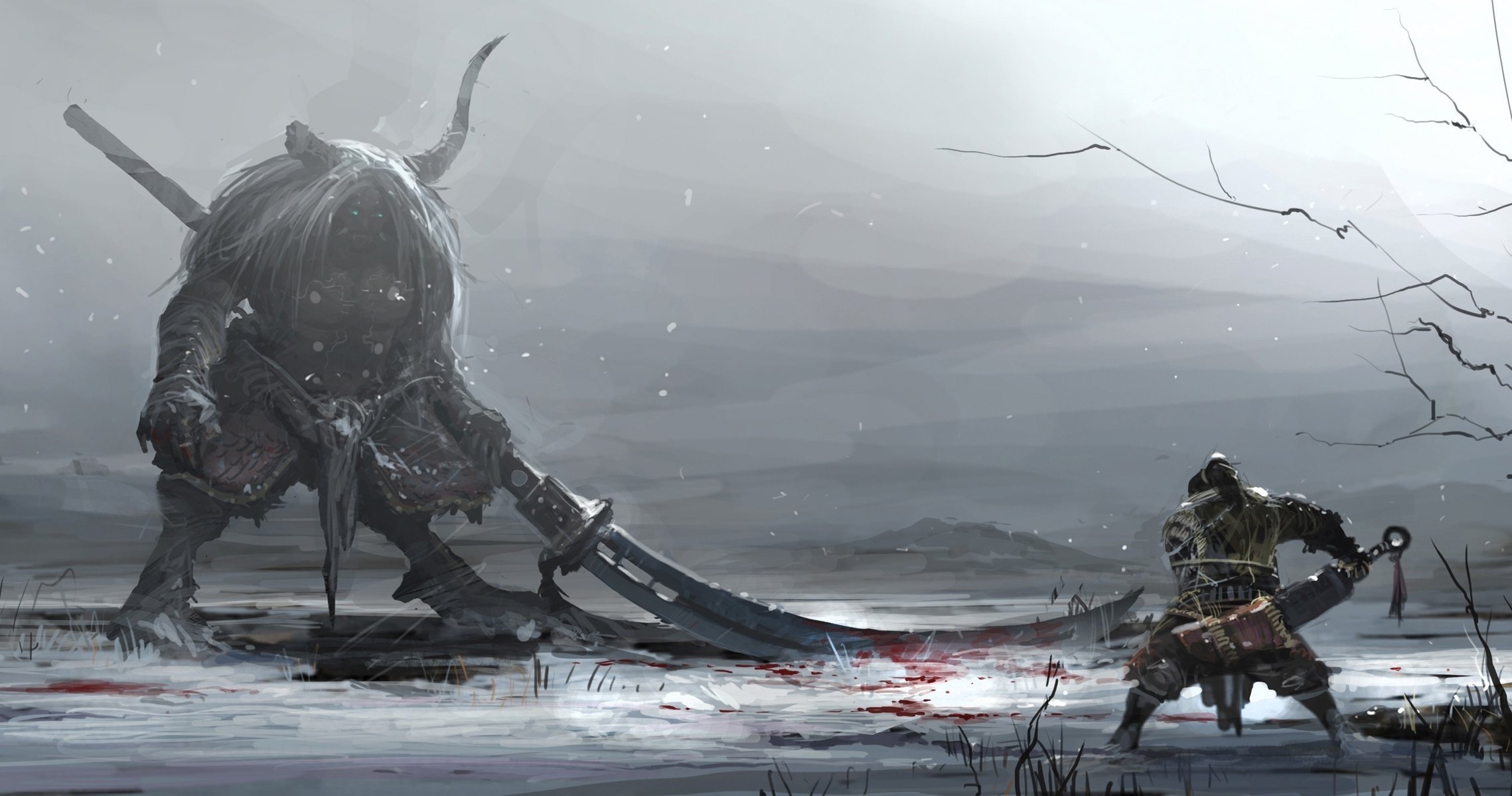 blood battle monster horns weapons winter art warrior snow