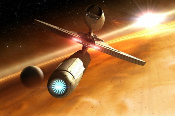 Vaisseau spatial dans l espace sur fond de feu orange