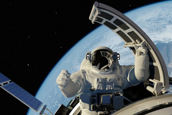 Astronauta w skafandrze wynurza się ze statku kosmicznego na tle planety