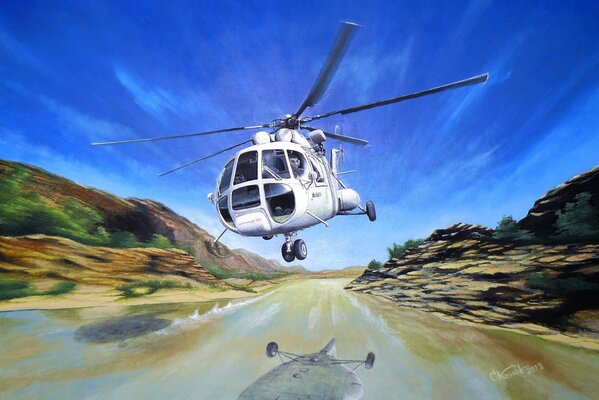 The helicopter is reflected in the water. Flying over the river