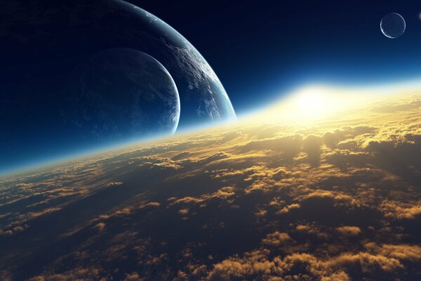 Planète dans les nuages dans l espace au lever du Soleil