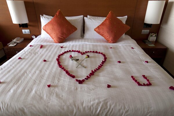 A bed with rose petals. Declaration of love