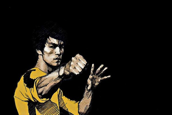 Bruce Lee w żółtej bluzie na czarnym tle