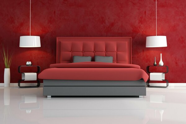 Стильная, красная комната в стиле модерн