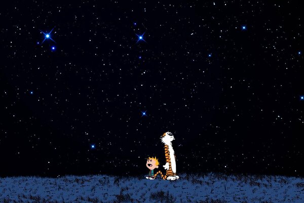 Niño y tigre en el fondo del cielo estrellado