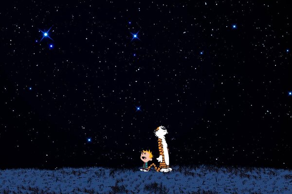 Garçon et tigre sur fond de ciel étoilé
