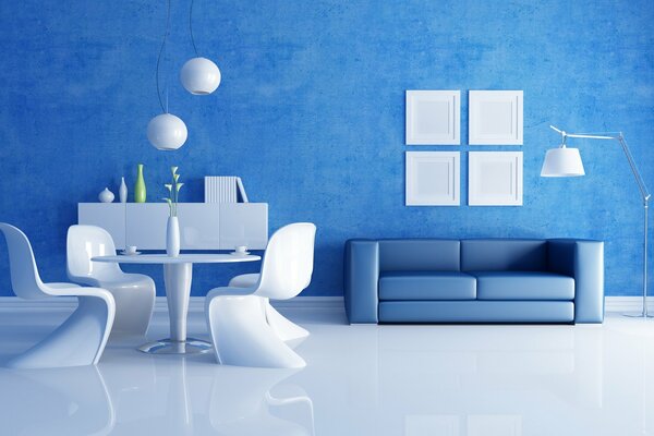 Bright blue interior with white floor