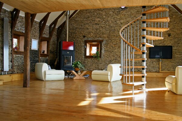 Stylish interior of a living room with a staircase