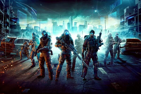 Soldiers with weapons on the background of the ruins of the city and old cars from the game ghost recon