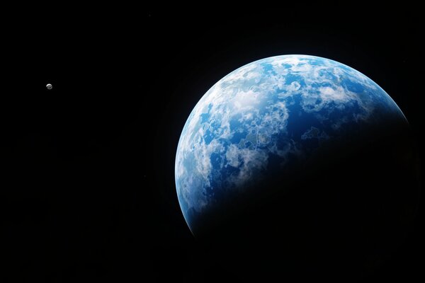 Blauer Planet und Satellit im unendlichen Raum