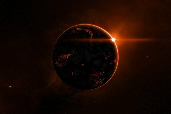 Ein roter mysteriöser Planet strahlt Licht aus