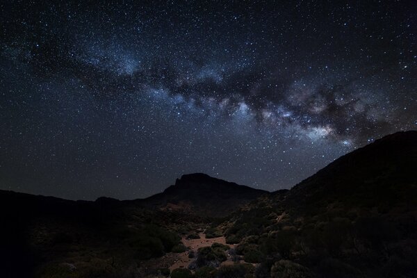 La vía láctea con estrellas y montañas