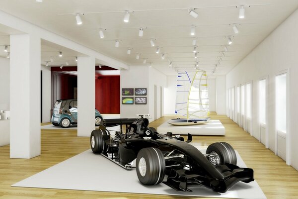 A racing car in a bright room