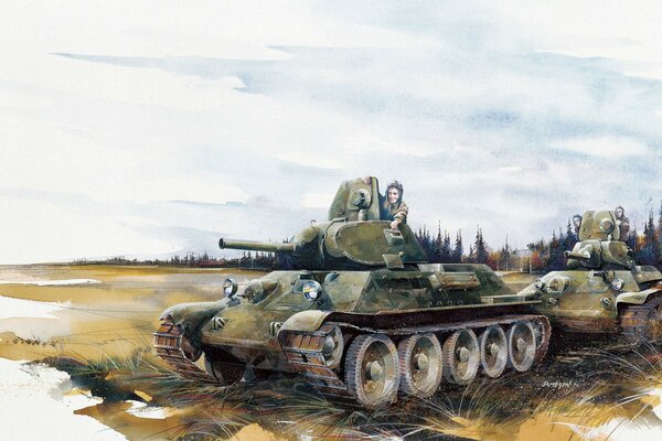 Sowjetische Panzer und Tanker zeichnen mit Aquarell und Bleistiften