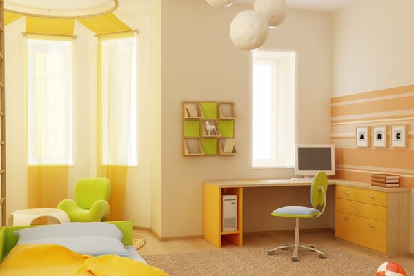 Appartamento con elegante camera per bambini con toni verdi