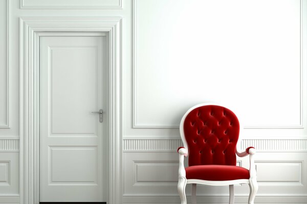 L interno della stanza in stile minimalista, con sedie, poltrona e porta