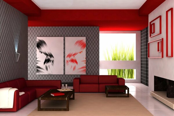 Modern design of the room in red and gray tones