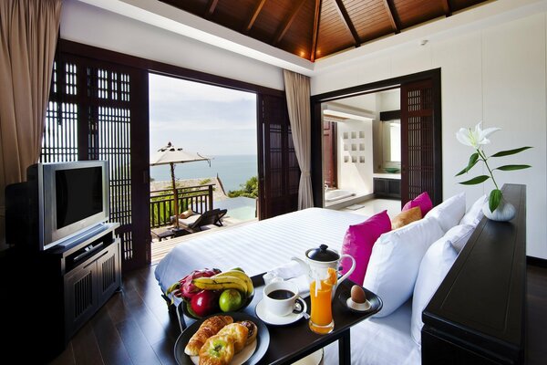 Interior of a hotel room with a view