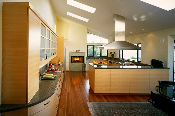 Large kitchen with furniture in bright colors