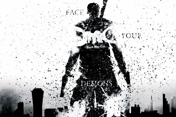 Art of a man with a gun in the ruins of a destroyed city against the background of face your demons