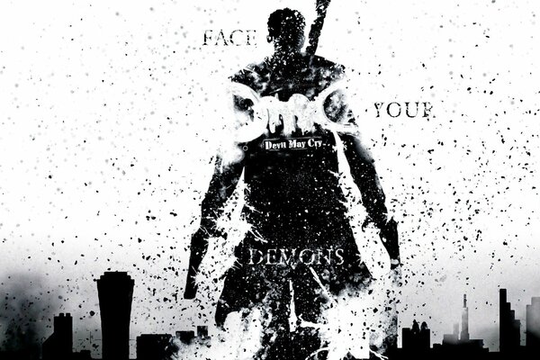 Арт человека с оружием в руинах разрушенного города на фоне face your demons