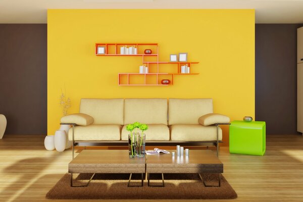 Beige sofa in a bright yellow room