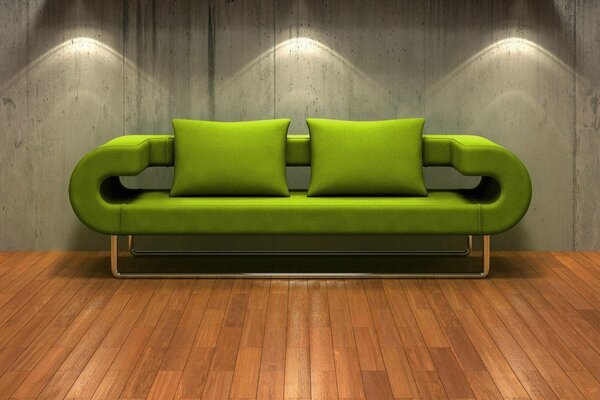 3d sofa grünes Parkett und beleuchtete Wand