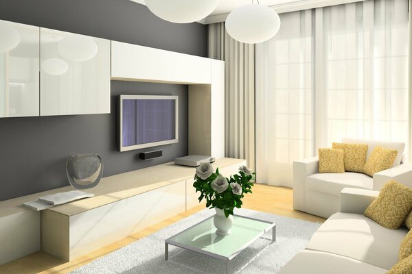 The interior of a small living room in white tones