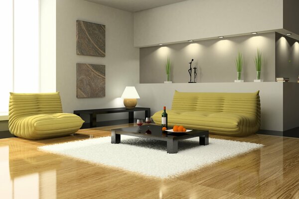 Stylish design of the living room with a table and a sofa