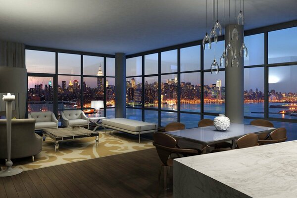 Modern interior design with a view of the night city