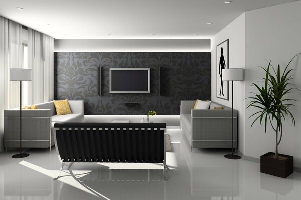 Zimmer mit stilvollem, grauem Interieur
